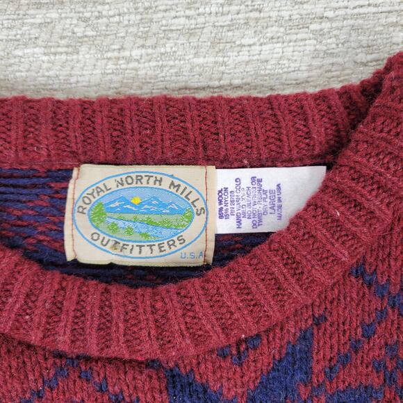 Royal North Mills Outfitters Wool Sweater Nordic Snowflake Red Blue USA Made L - Picture 5 of 13